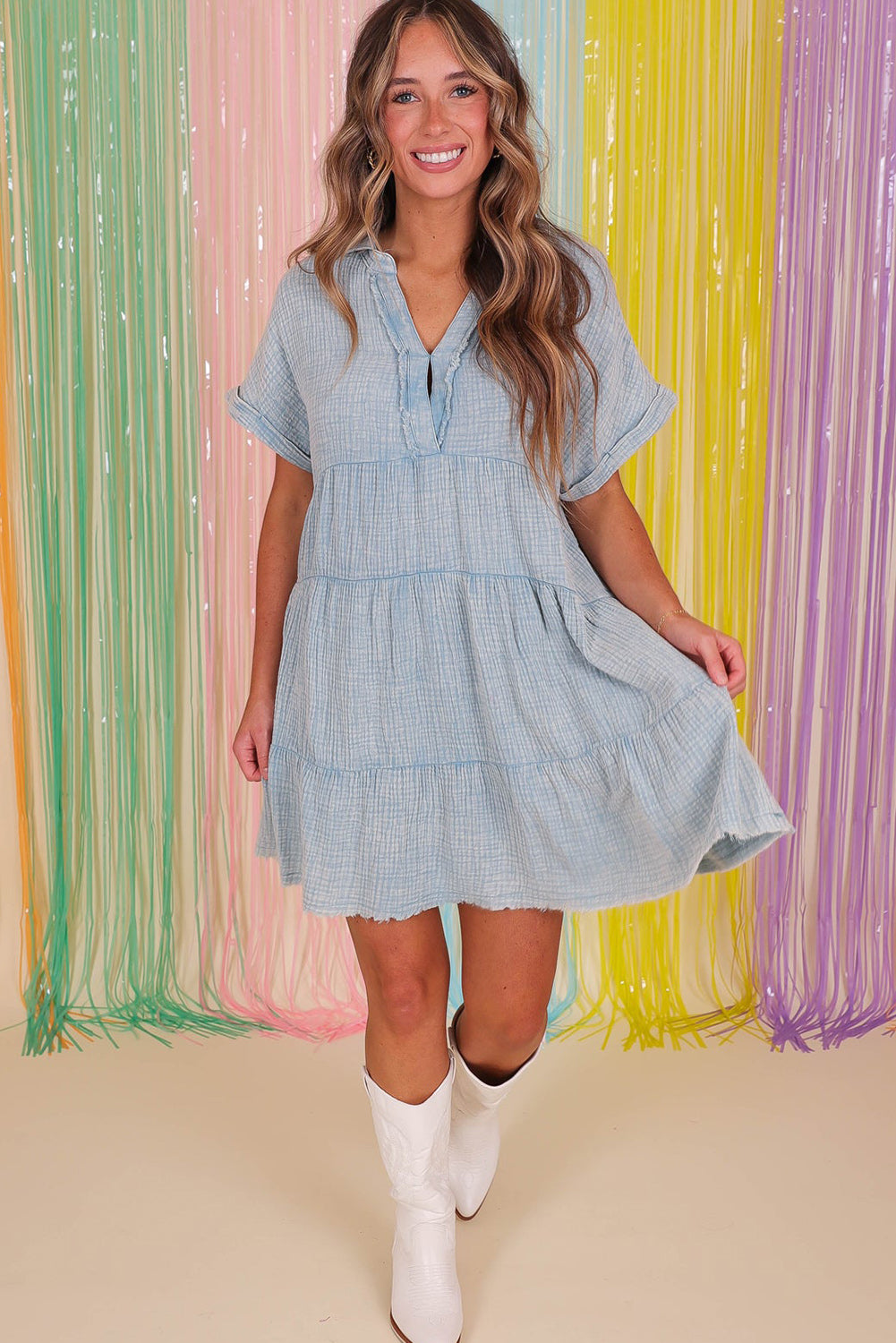 Wholesale Beau Blue Mineral Wash Crinkle Split Neck Raw Hem Tiered Dress