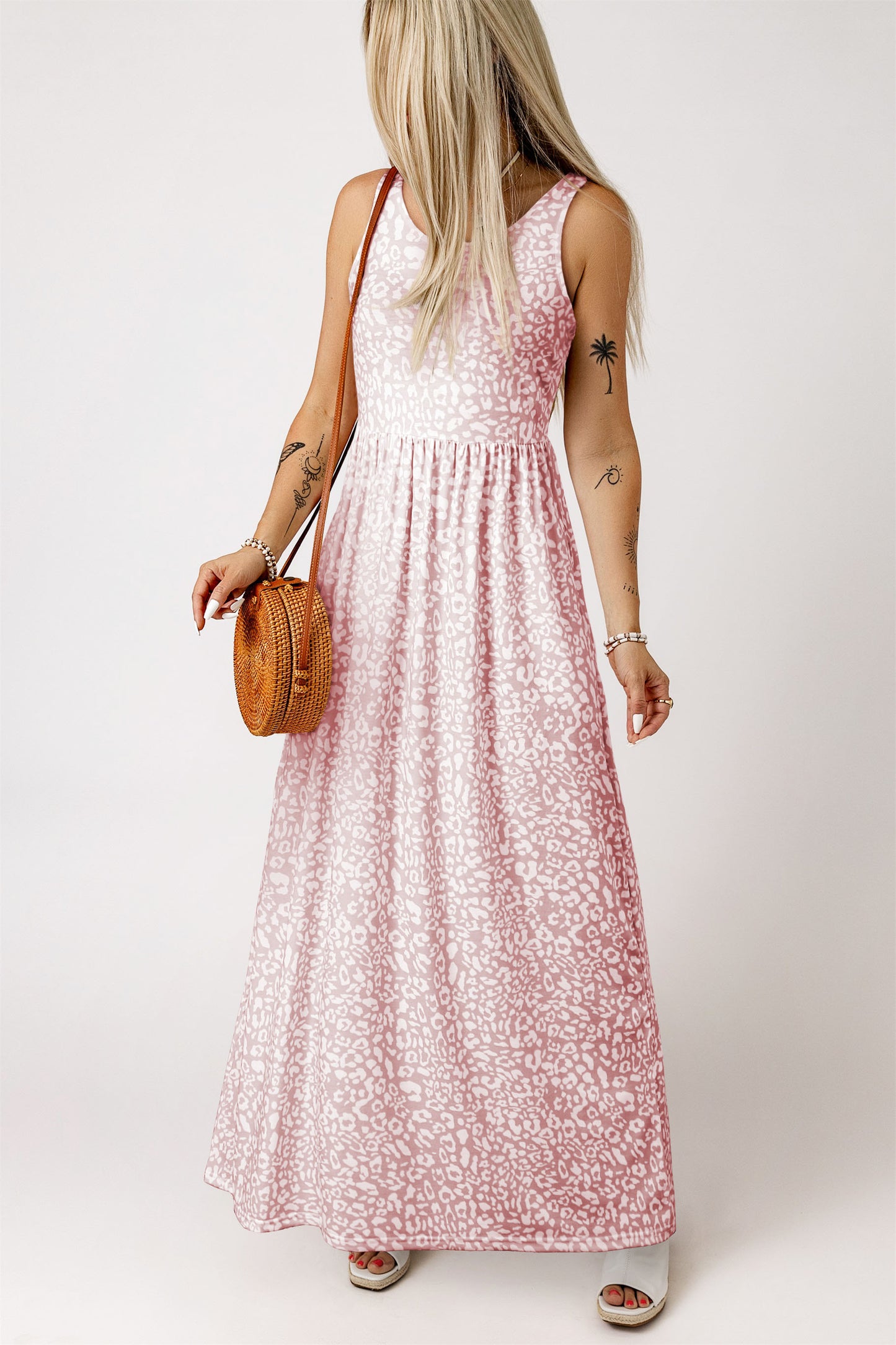 Rose Pink Leopard Pocketed Maxi Tank Dress