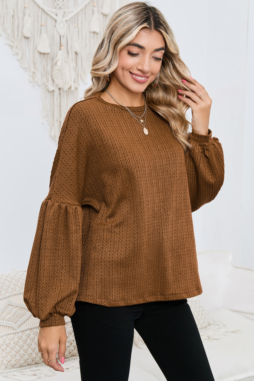 Ruby Solid Color Textured Lantern Sleeve Top