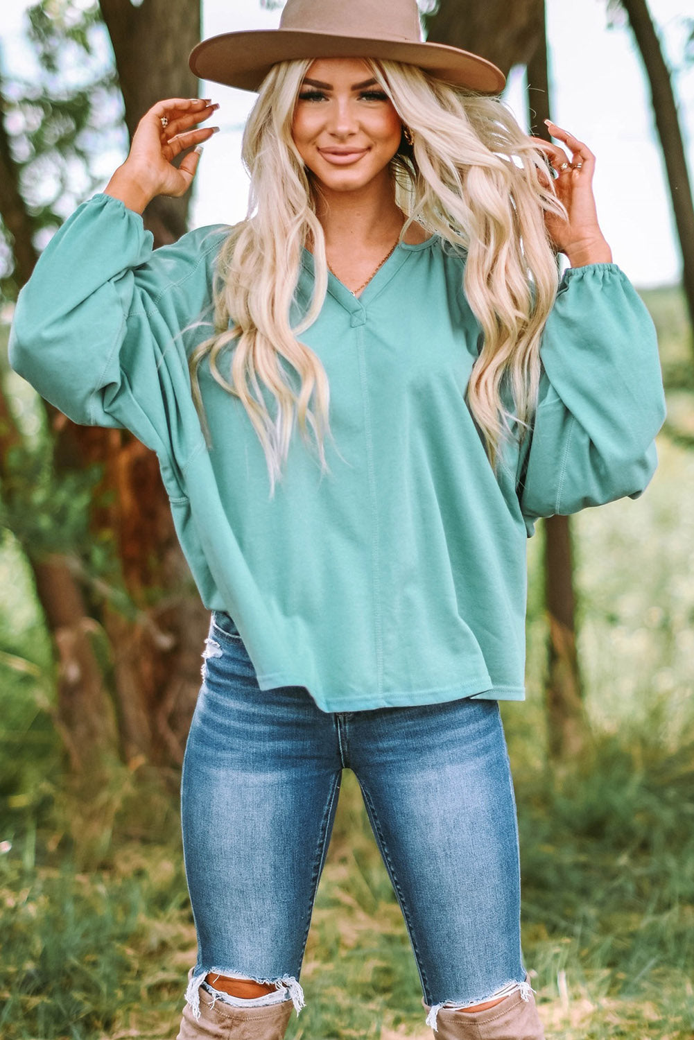 Green Split V Neck Dolman Top