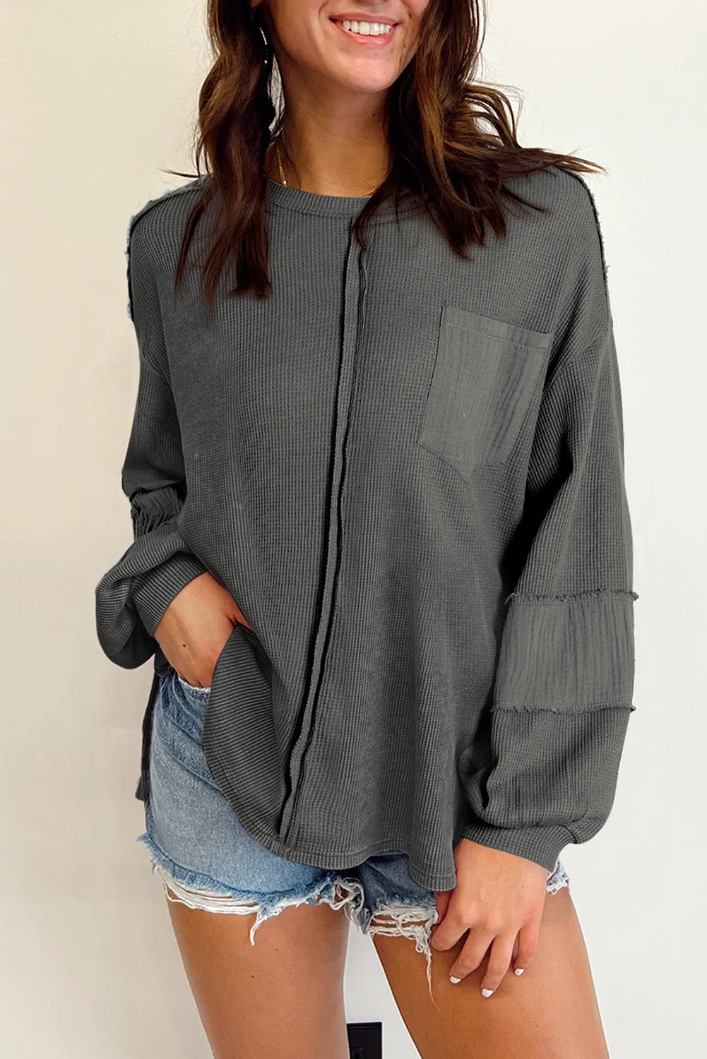 Black Waffle and Crinkle Long Sleeve Top