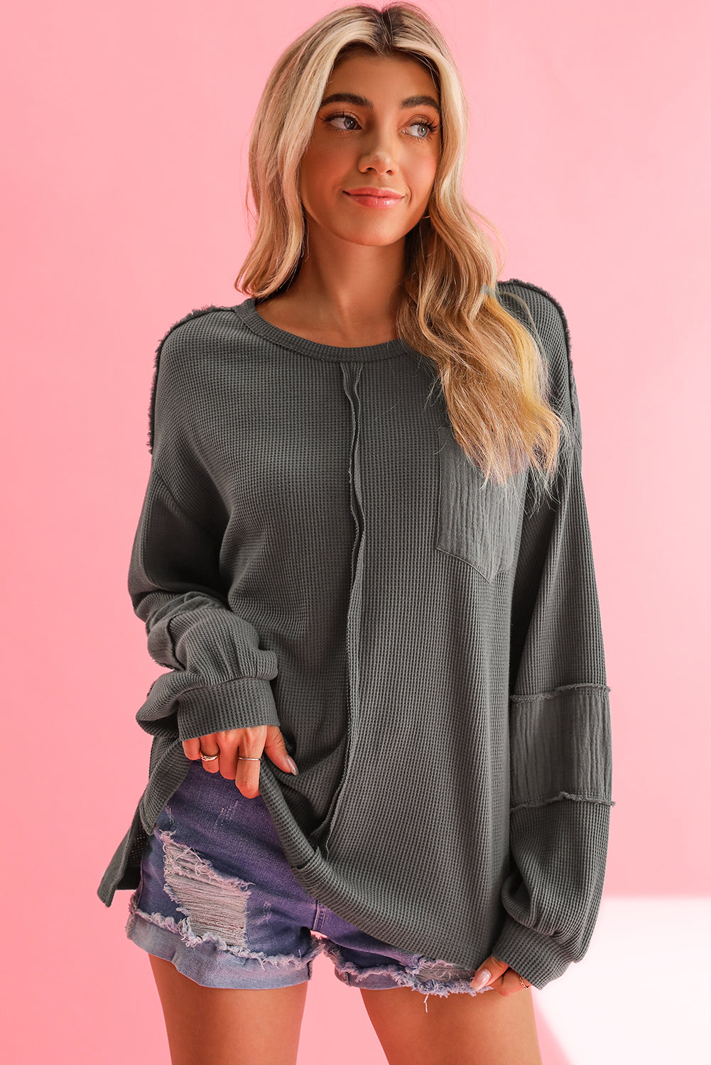 Black Waffle and Crinkle Long Sleeve Top