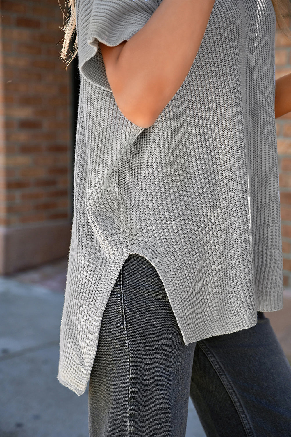 Gray Short Sleeve Side Slit Oversized Sweater