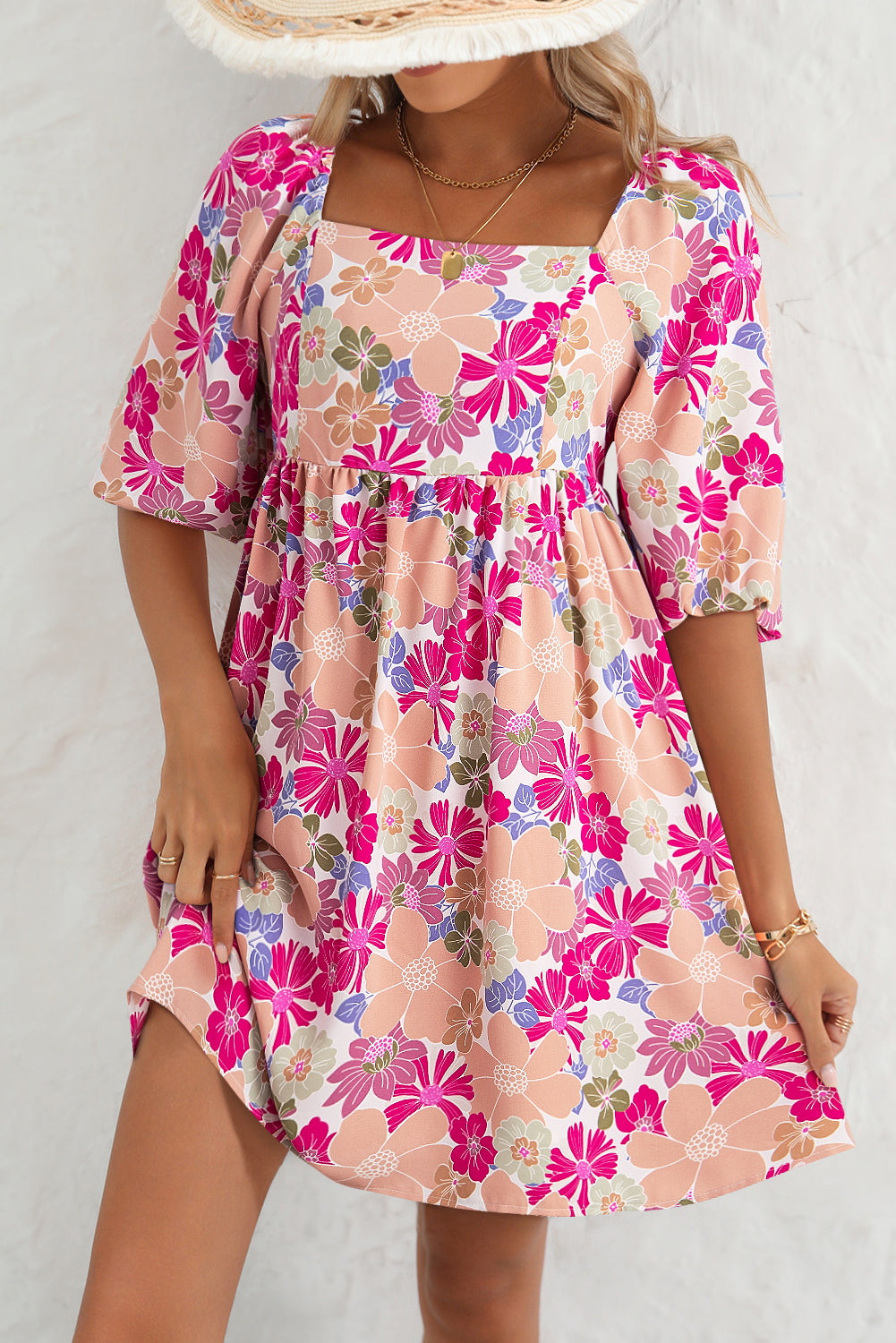 Pink Summer Floral Square Neck Puff Sleeve Babydoll Dress