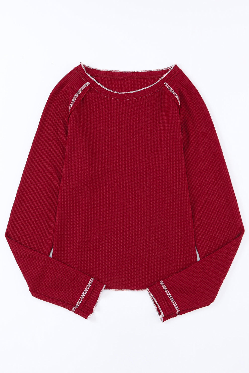 Red Exposed Seam Textured Pullover Long Sleeve Top