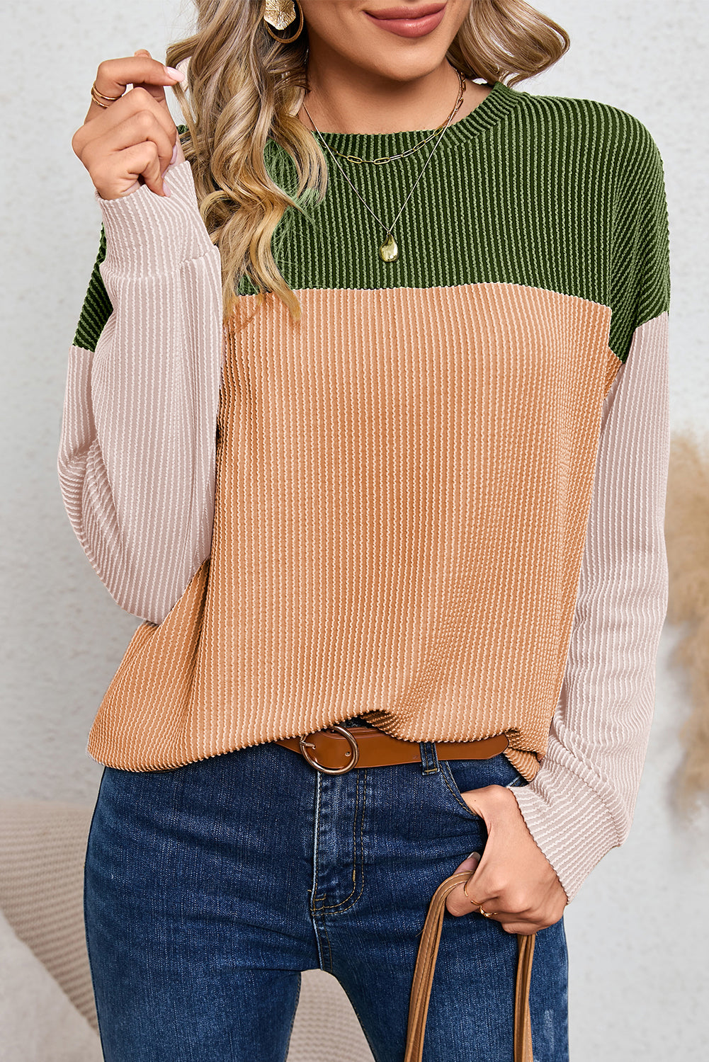 Dark Green Color Block Cording Loose Long Sleeve Top