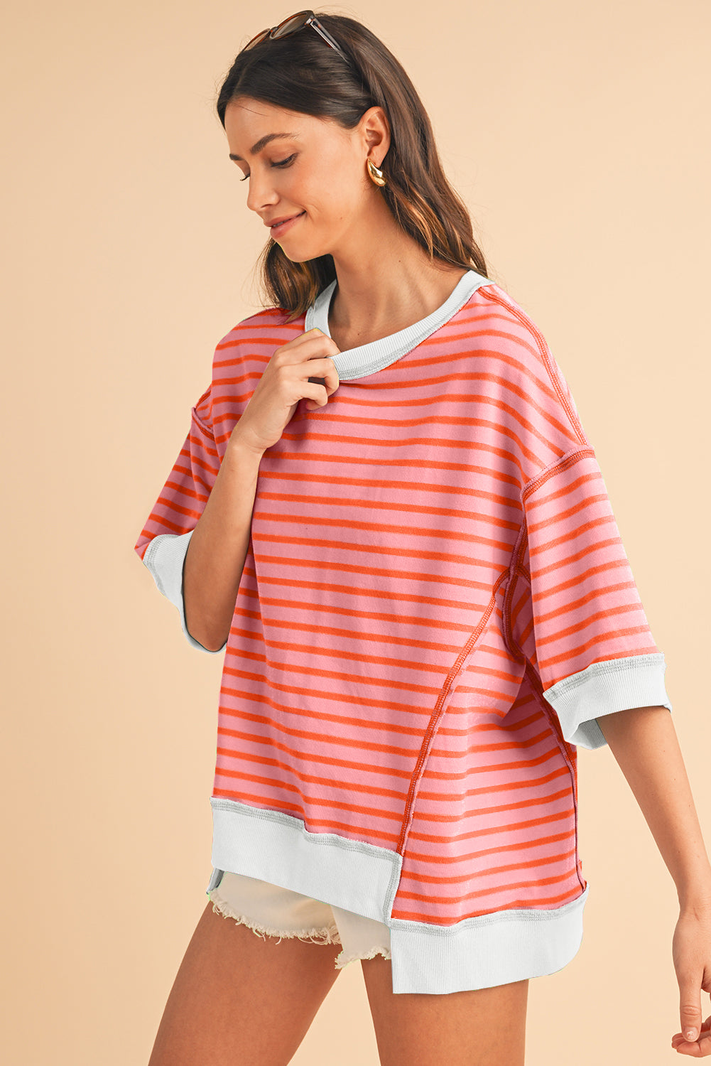 Pink Stripe Colorblock Drop Sleeve Oversized T Shirt