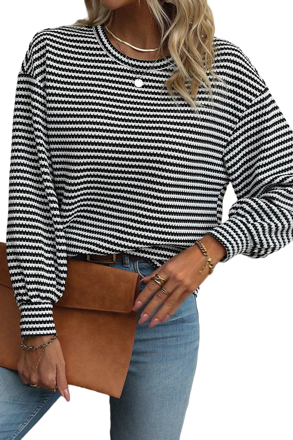 Black Striped Round Neck Drop Shoulder Long Sleeve Top