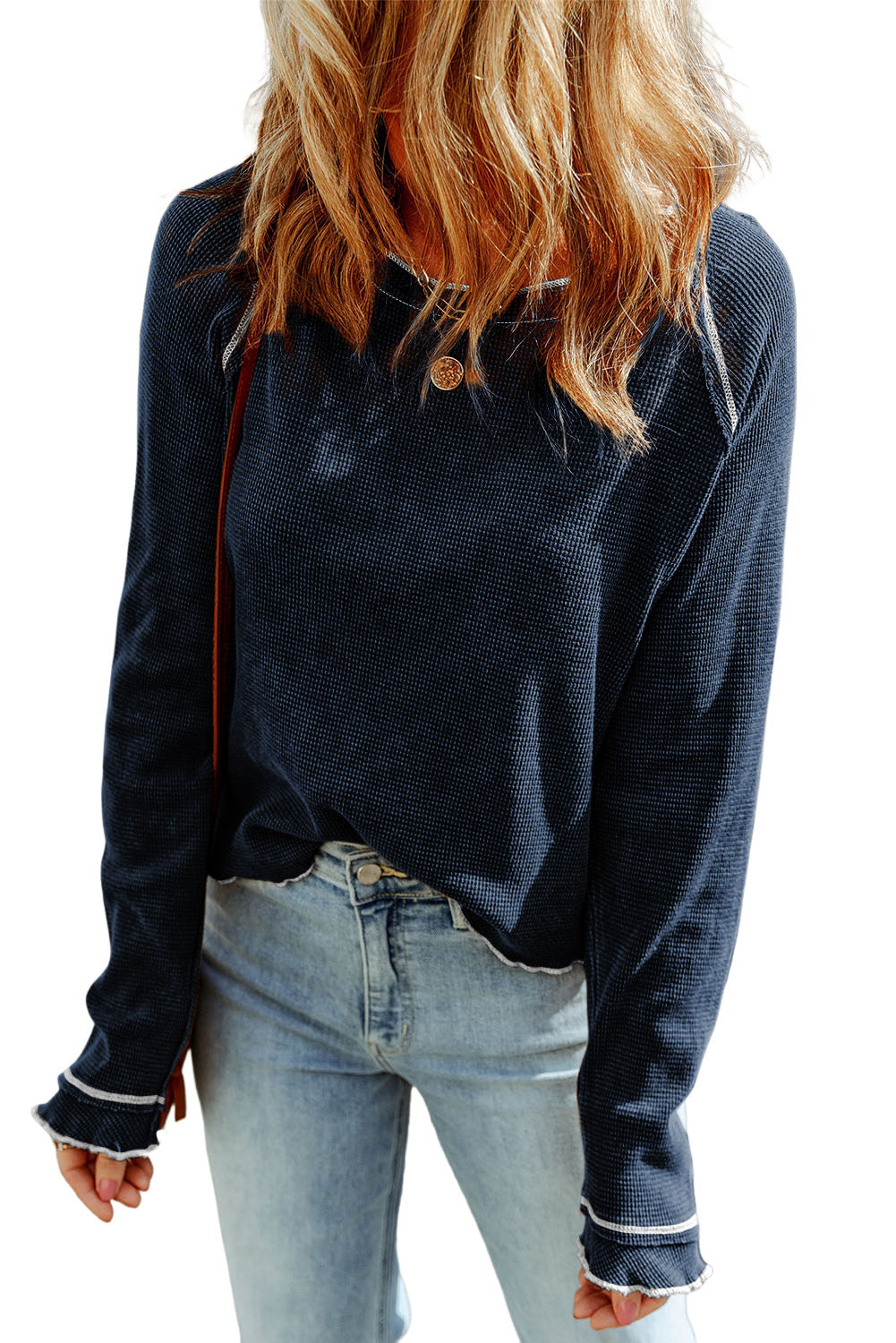 Red Exposed Seam Textured Pullover Long Sleeve Top