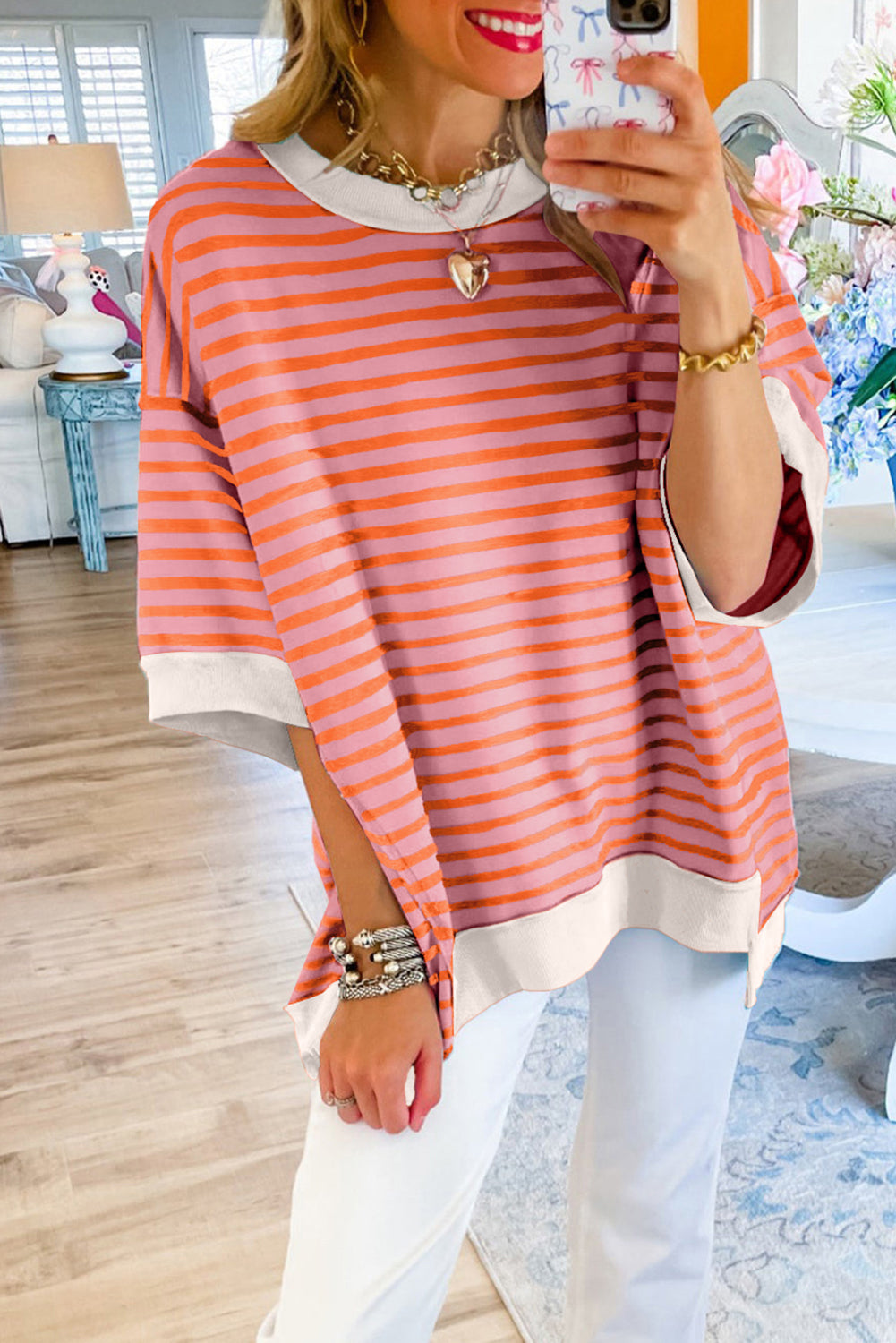 Pink Stripe Colorblock Drop Sleeve Oversized T Shirt