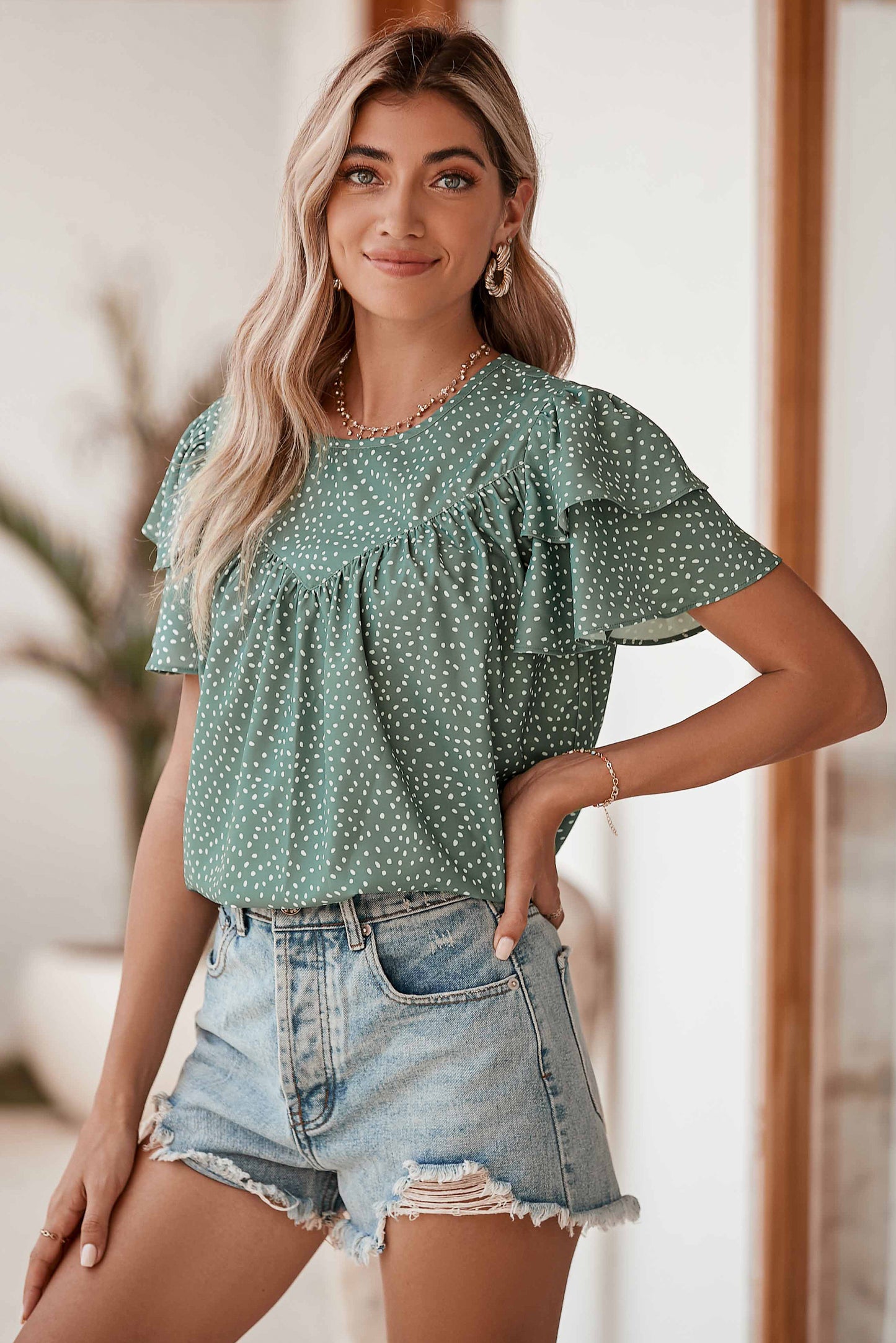 Fiery Red Spotted Print Pleated Ruffle Sleeve Blouse *** Expected Ship Date: 6/5/24