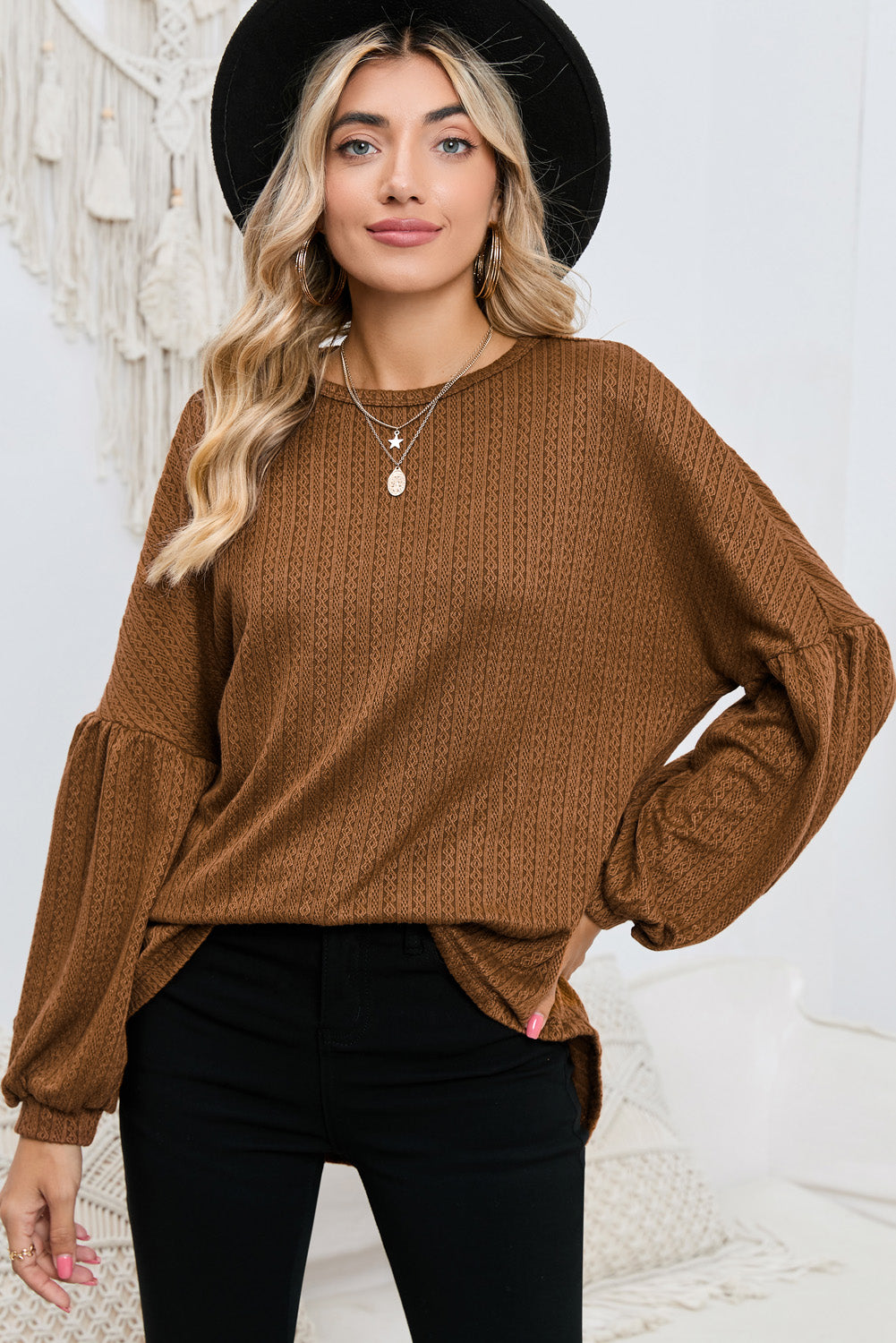 Ruby Solid Color Textured Lantern Sleeve Top