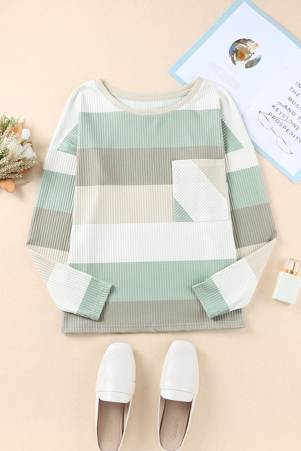 Green Color Block Casual Pocket Long Sleeve Top