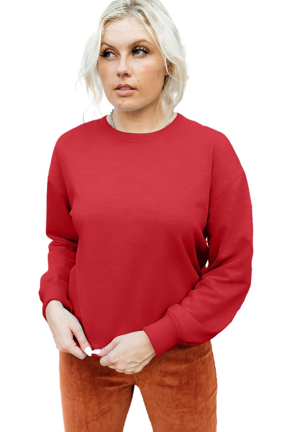 Red Solid Color Classic Crewneck Pullover Sweatshirt