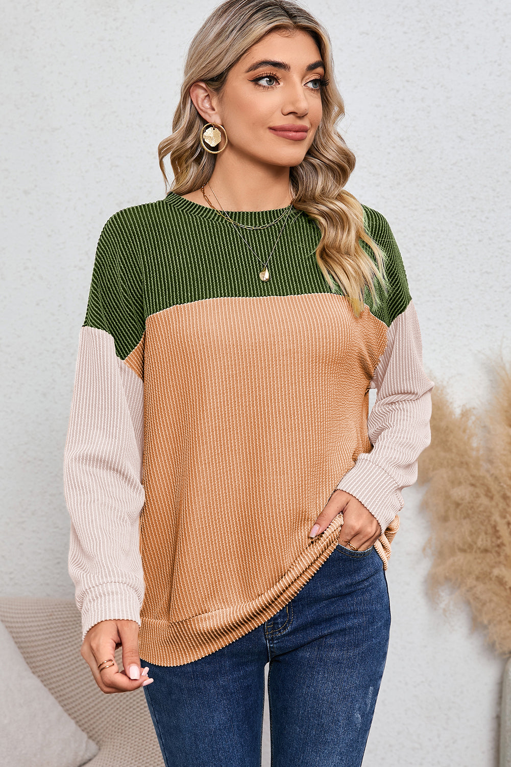 Dark Green Color Block Cording Loose Long Sleeve Top