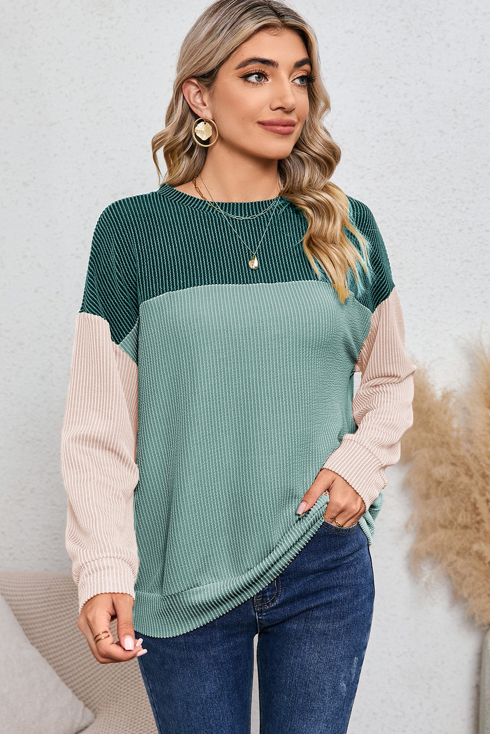 Dark Green Color Block Cording Loose Long Sleeve Top