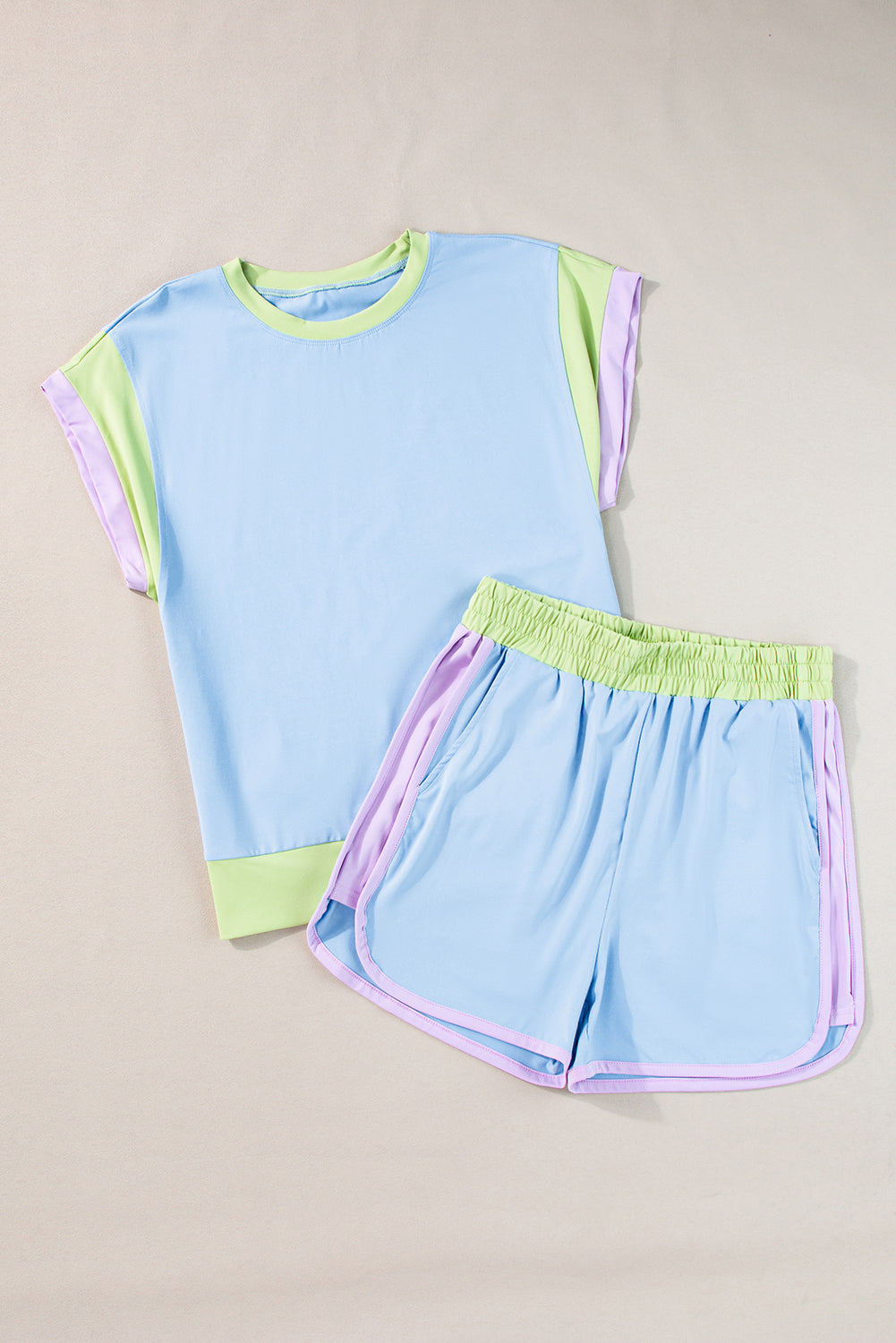 Peach Blossom Color Block Loose Fit Top & Elastic Waist Shorts Set