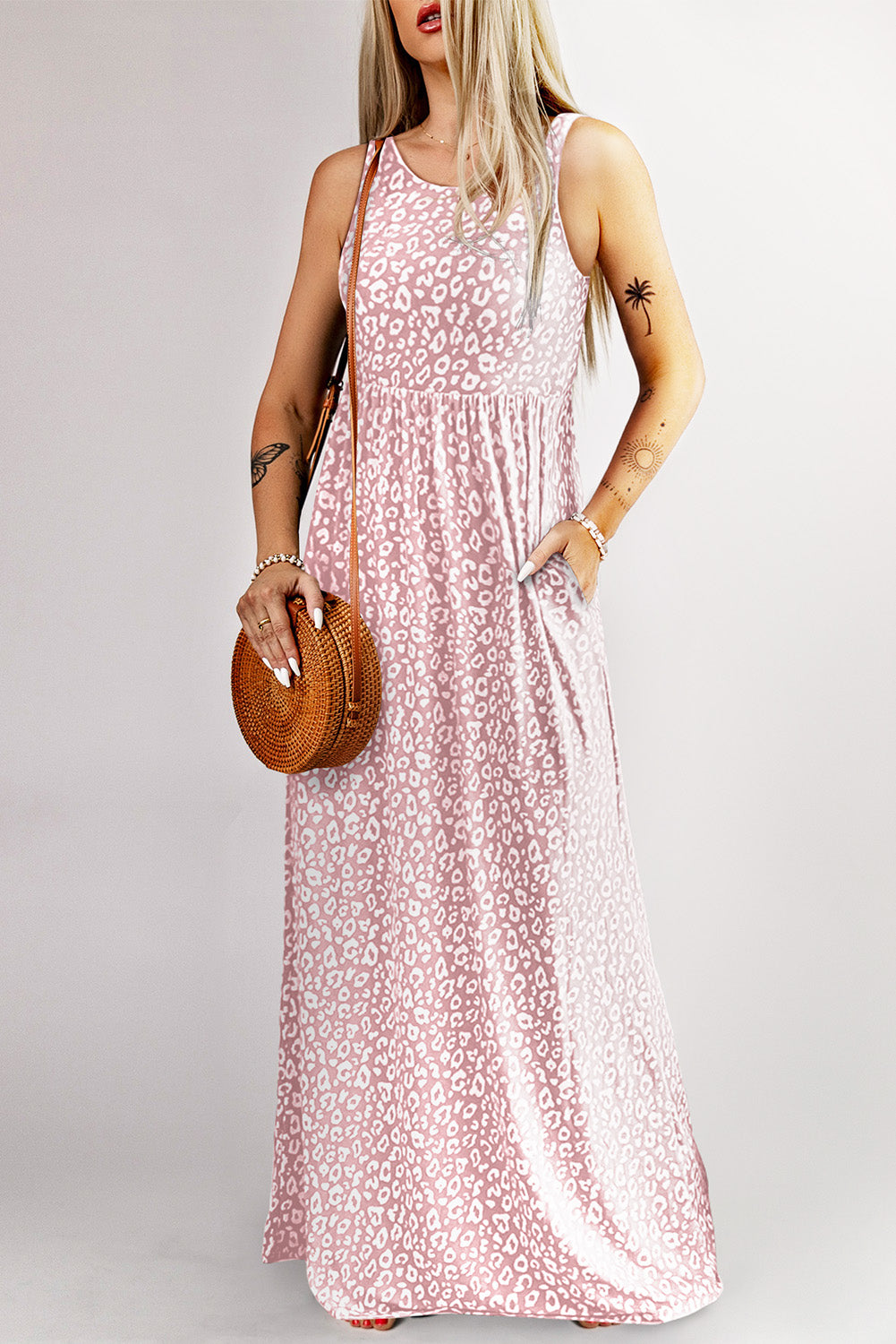 Rose Pink Leopard Pocketed Maxi Tank Dress