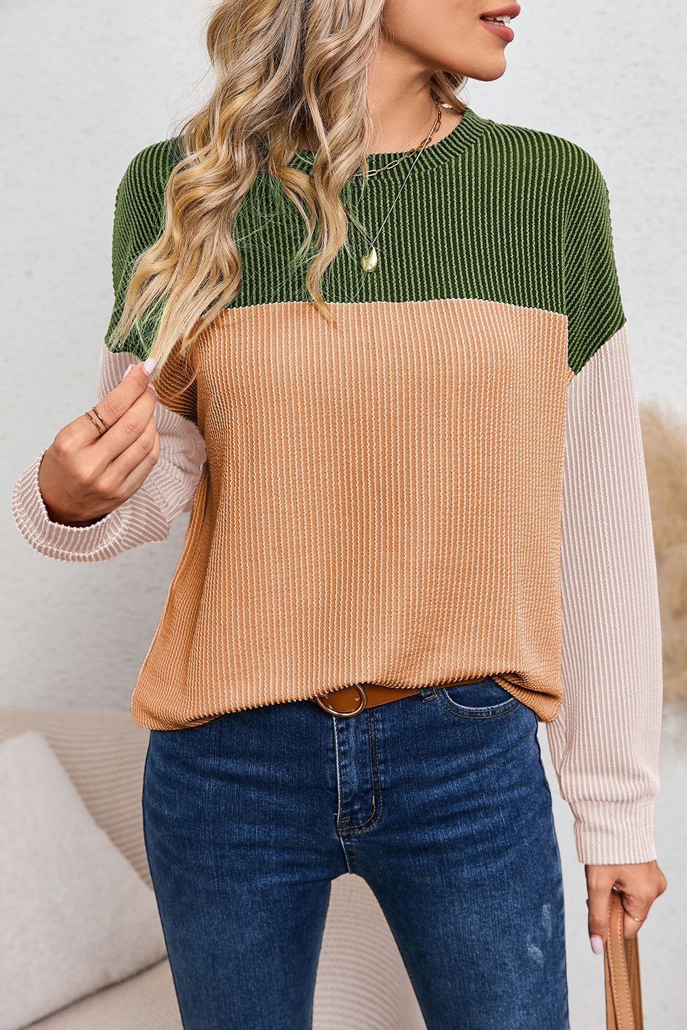 Dark Green Color Block Cording Loose Long Sleeve Top