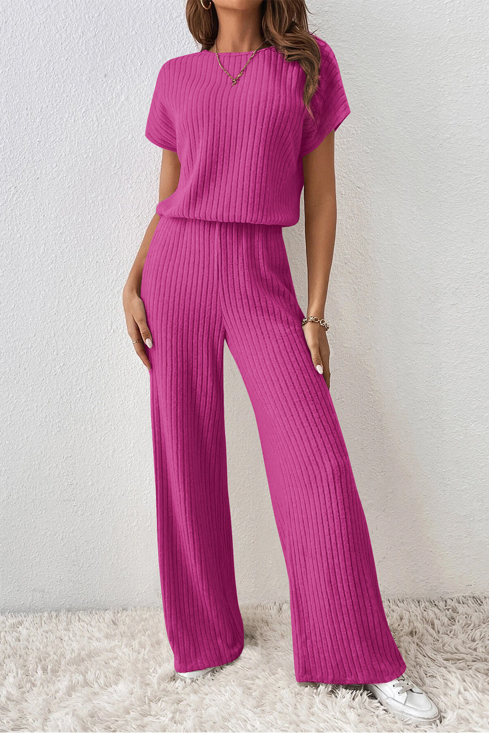 Black Solid Color Ribbed Short Sleeve Wide Leg Jumpsuit