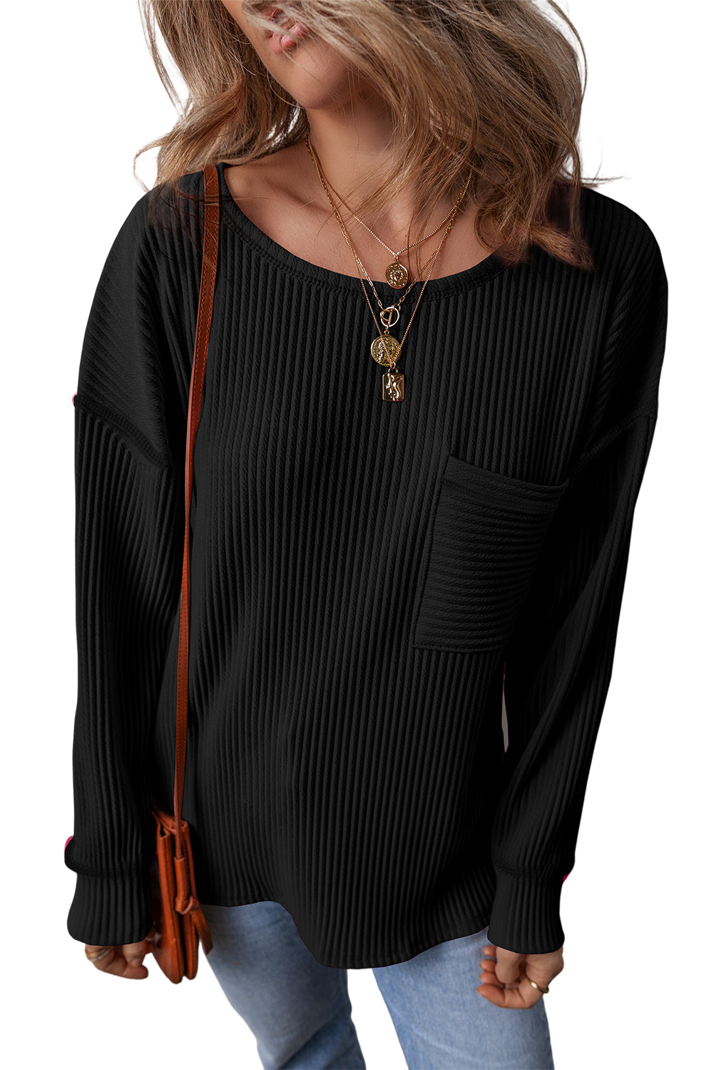 Black Pocketed Ribbed Long Sleeve Top