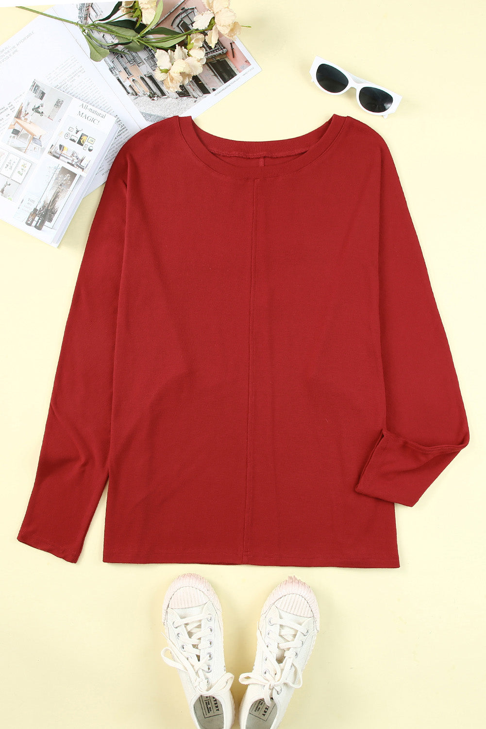 Red Solid Color Exposed Seam Long Sleeve Top