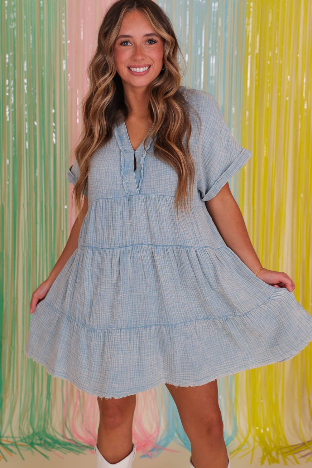 Wholesale Beau Blue Mineral Wash Crinkle Split Neck Raw Hem Tiered Dress