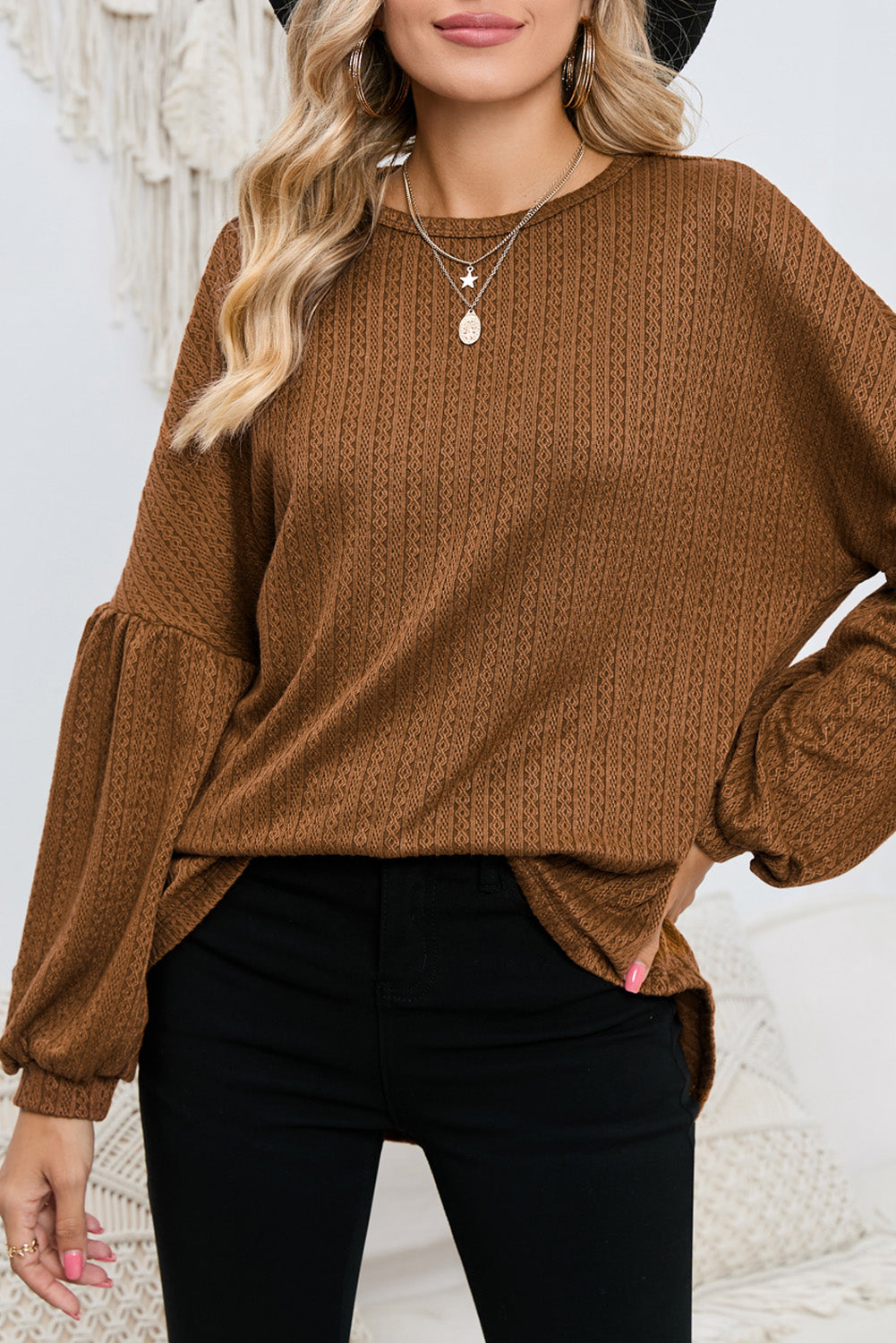 Ruby Solid Color Textured Lantern Sleeve Top