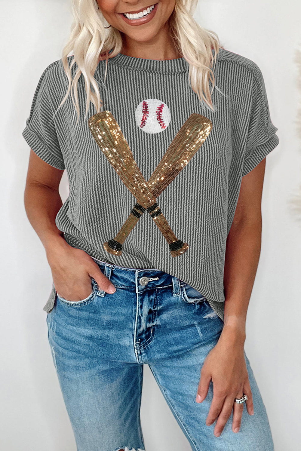 Wholesale Medium Grey Ribbed Knit Sequin Baseball Graphic T Shirt