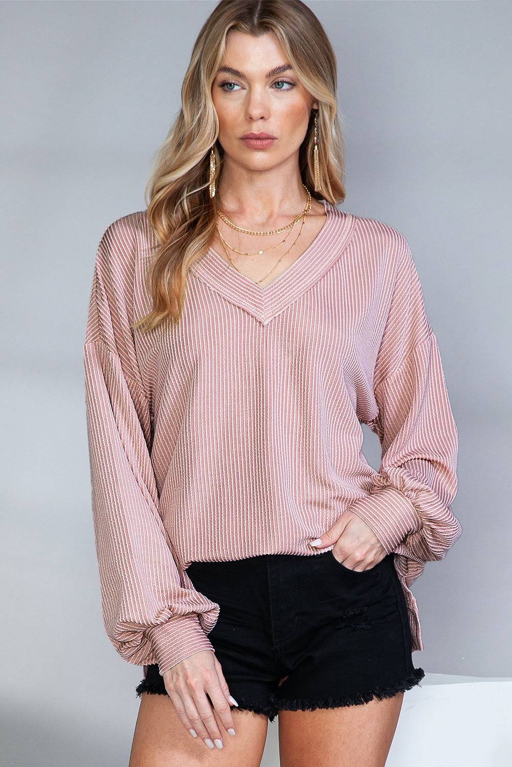 Pink V Neck Drop Shoulder Lantern Sleeve Ribbed Top