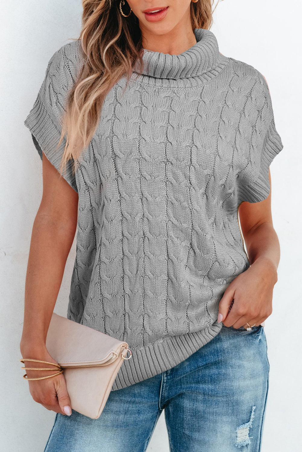 Medium Grey Cable Knit Turtleneck Batwing Sleeve Sweater