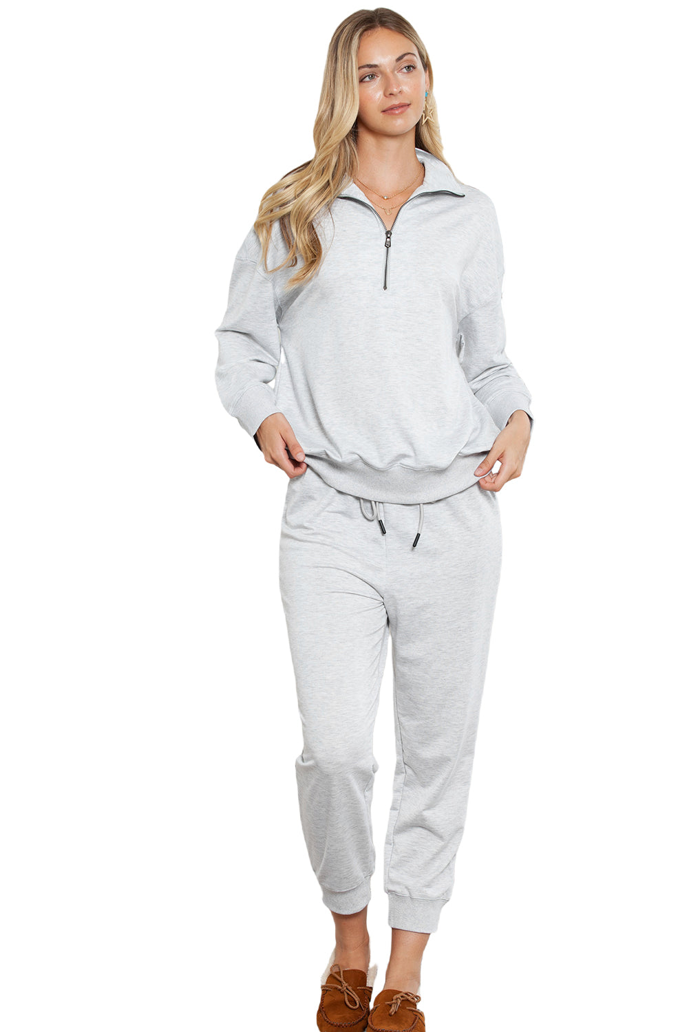 Blue Solid Color Half Zipped Top and Drawstring Pants Loungewear Set