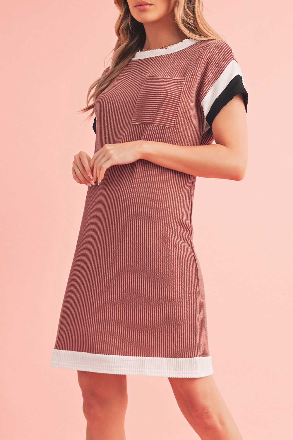 Rose Red Rib Textured Colorblock Contrast Pocket T Shirt Dress