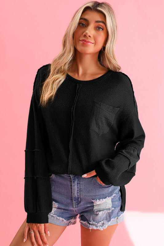 Black Waffle and Crinkle Long Sleeve Top