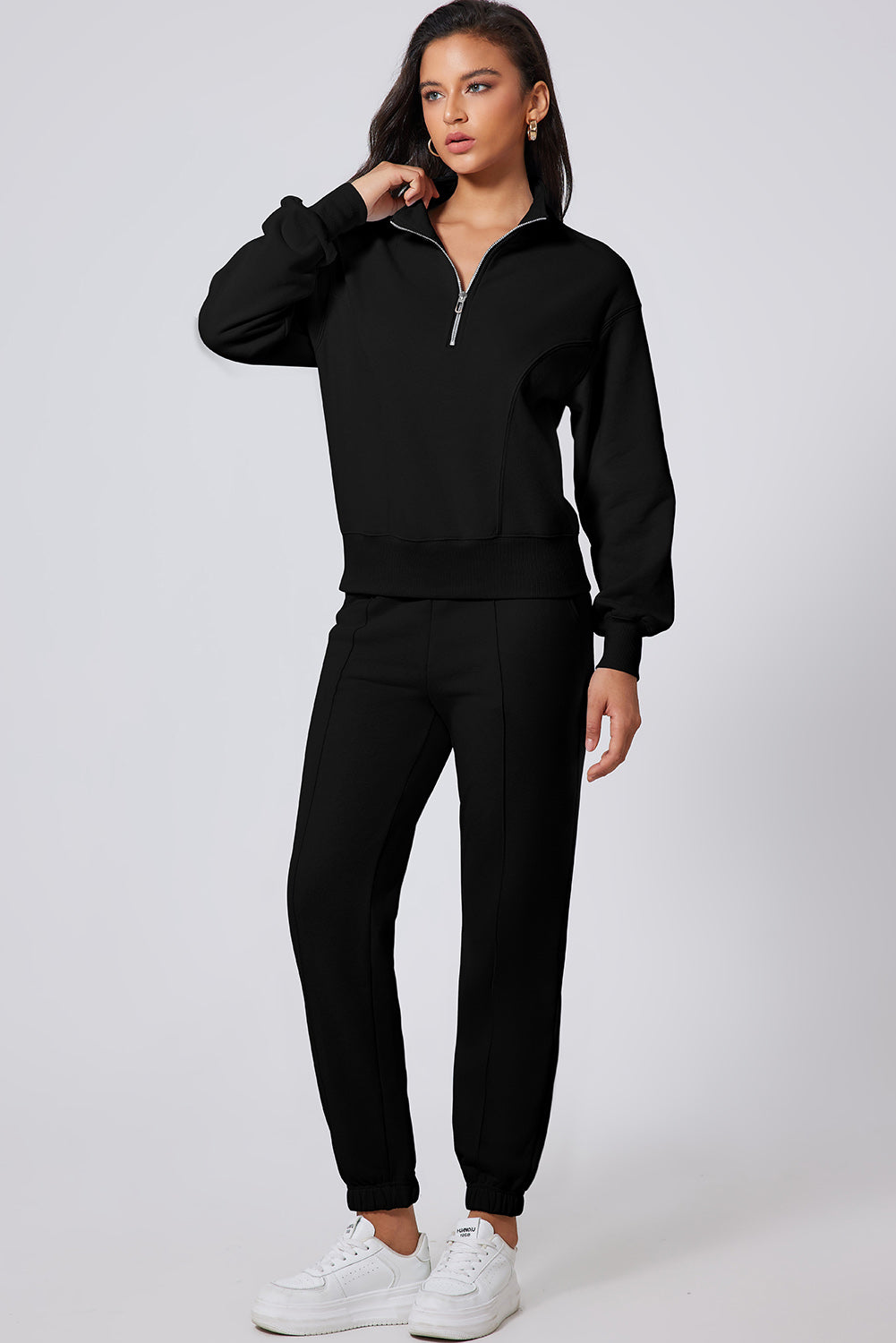 Black Solid Color Half Zip Up Pullover Top and Jogger Set