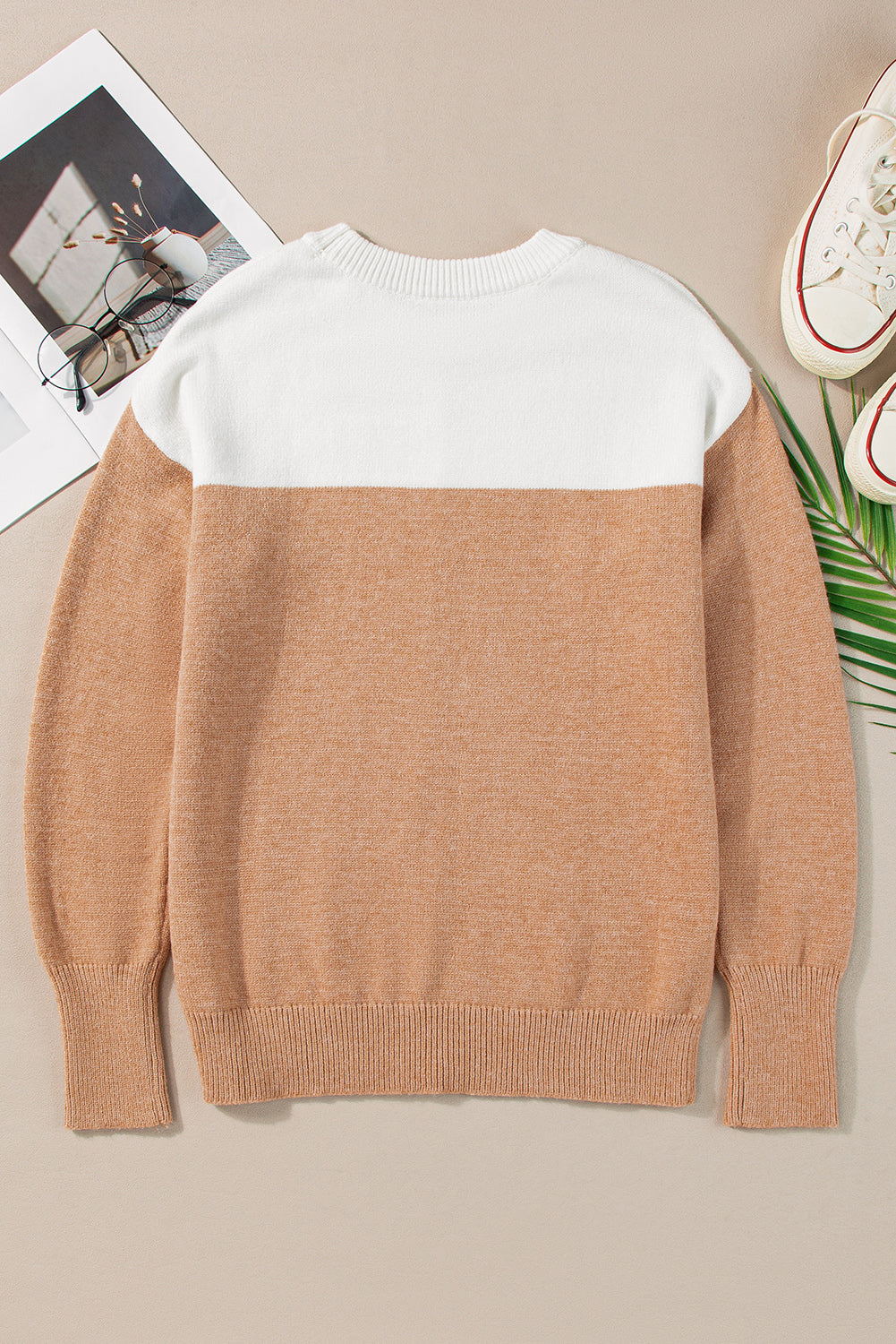 Khaki Colorblock Ribbed Trim Round Neck Sweater