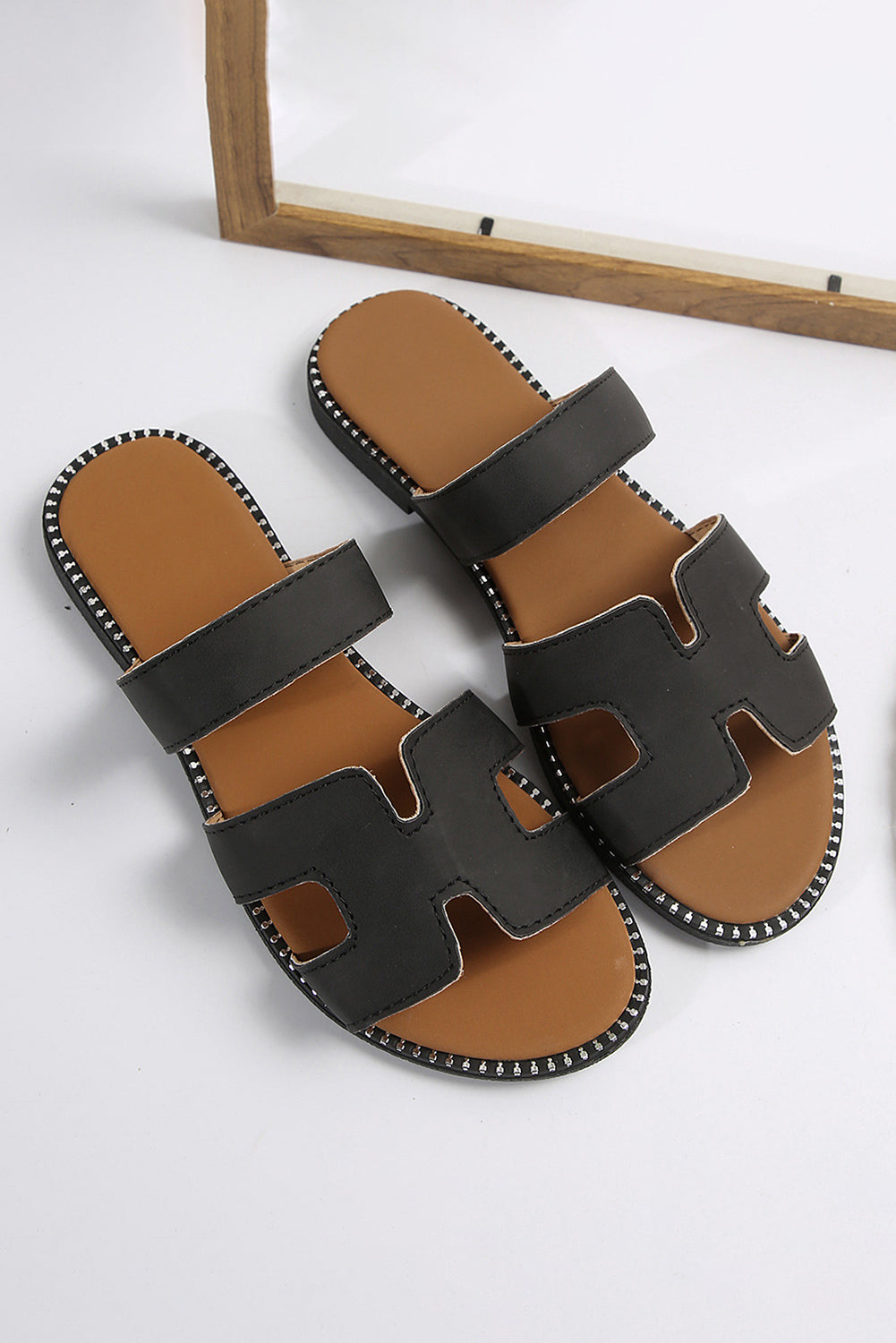 Brown Leather H Band Flat Slides Shoes