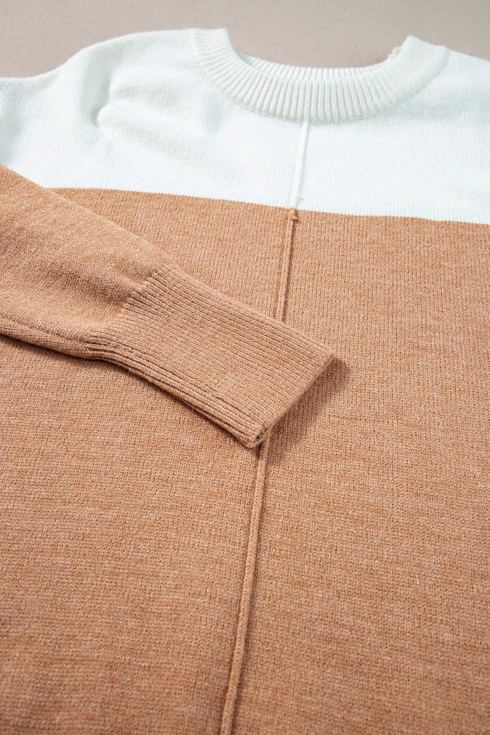 Khaki Colorblock Ribbed Trim Round Neck Sweater