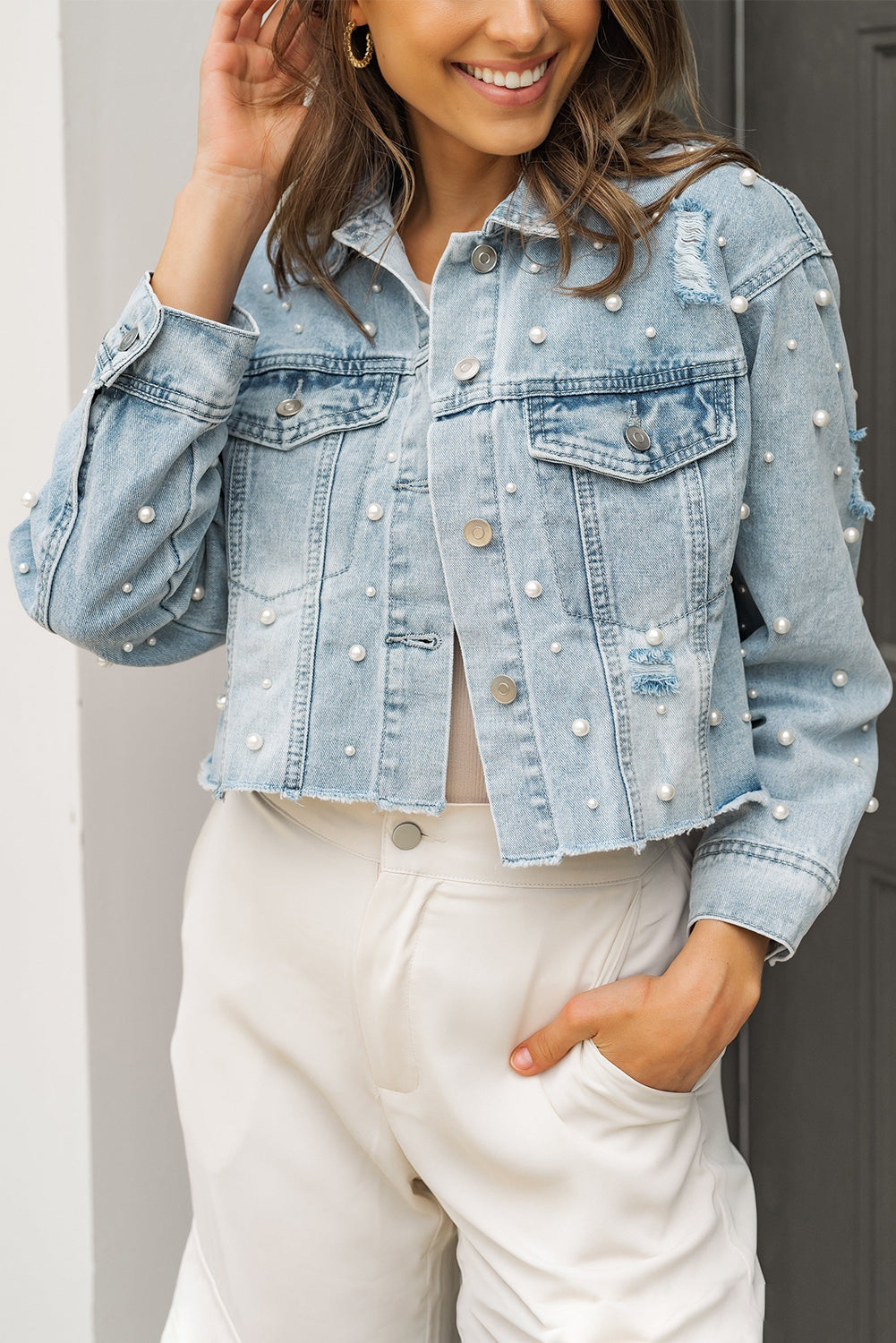 Wholesale Sky Blue Pearls Beading Cropped Denim Jacket