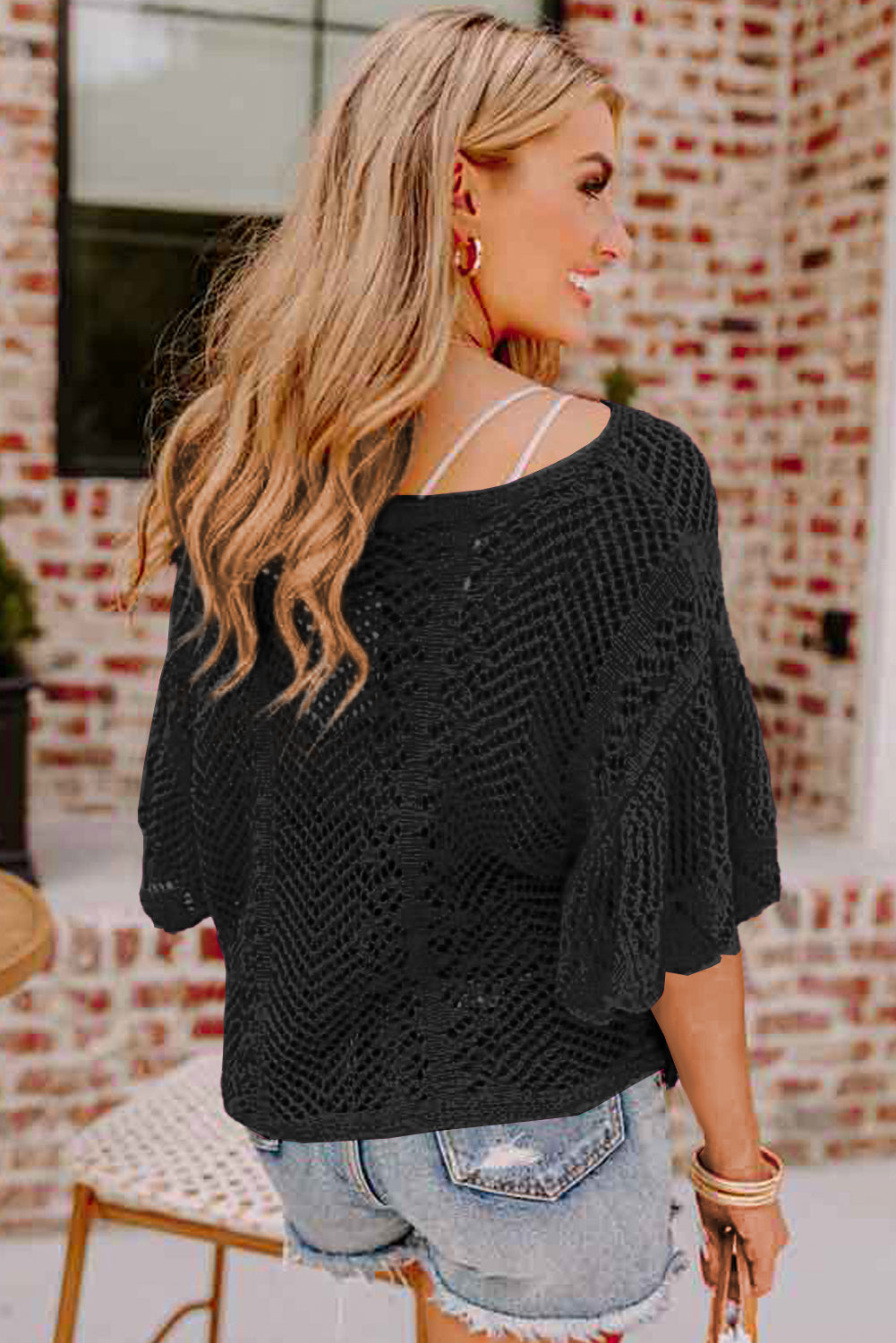 Black Pointelle Knit Scallop Edge Short Sleeve Blouse