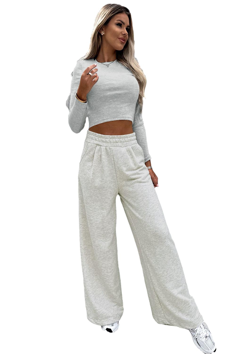 Beige Slim Fit Crop Top and Wide Leg Pants Set