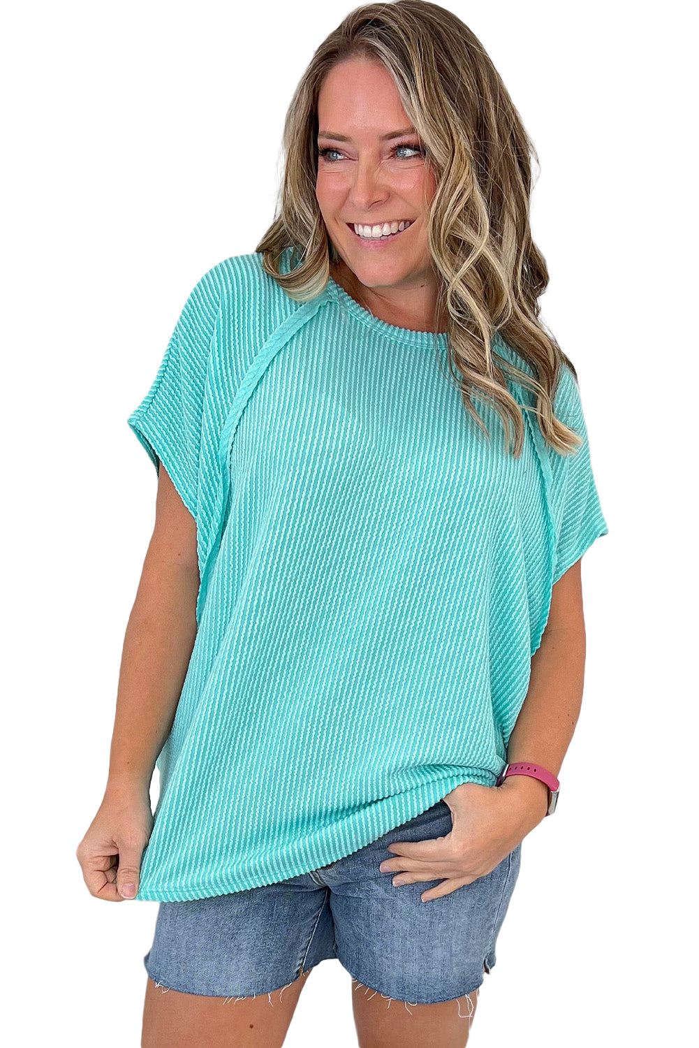 Light Blue Ribbed Exposed Seam Casual Plus Size T Shirt