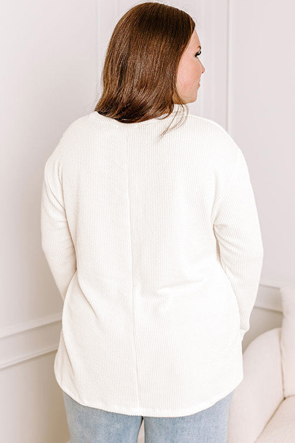 White Plus Size Ribbed Textured Pocketed Long Sleeve Top