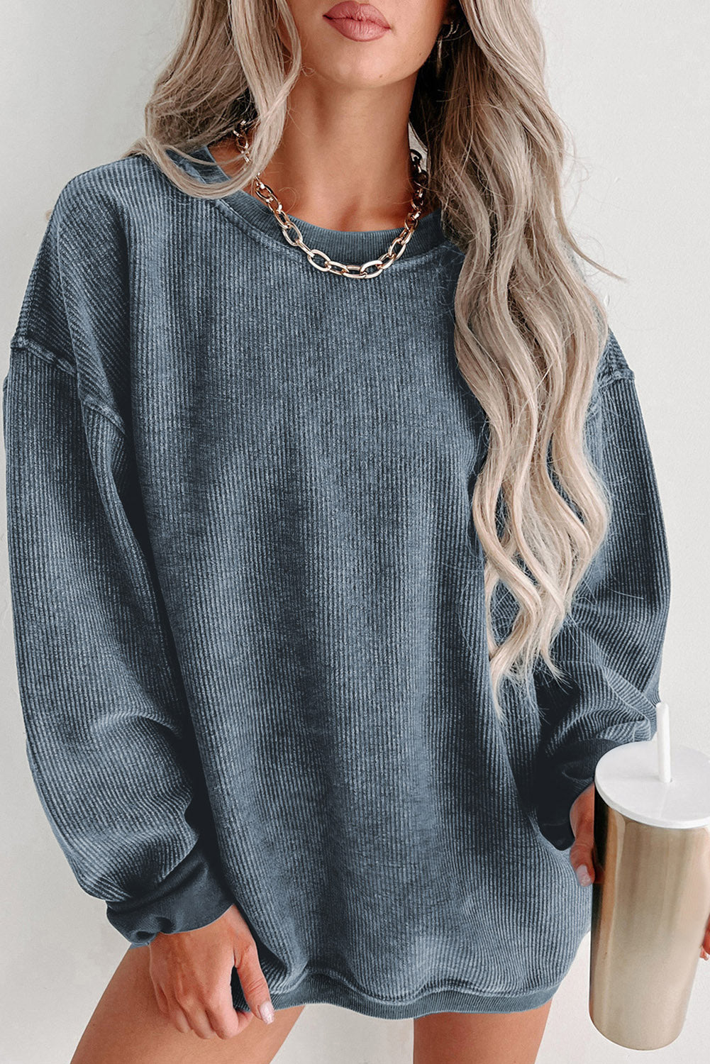 Pink Solid Ribbed Round Neck Pullover Sweatshirt