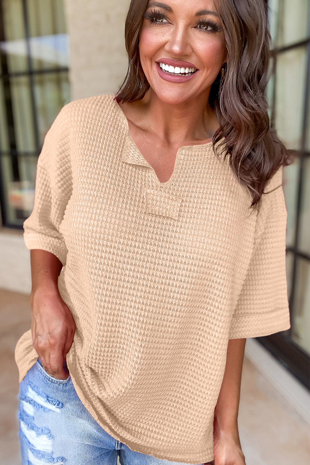 Strawberry Pink Textured Knit Split Neck Short Sleeve Top