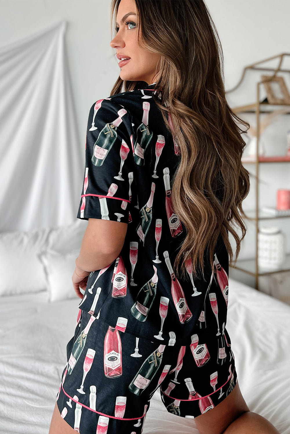 Black Champagne Print Silky Short Sleeve Pajamas Set