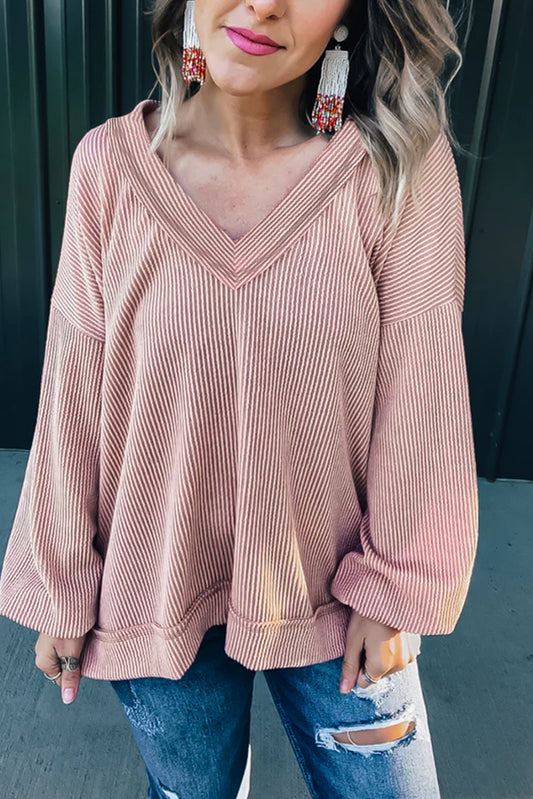 Pink V Neck Drop Shoulder Lantern Sleeve Ribbed Top