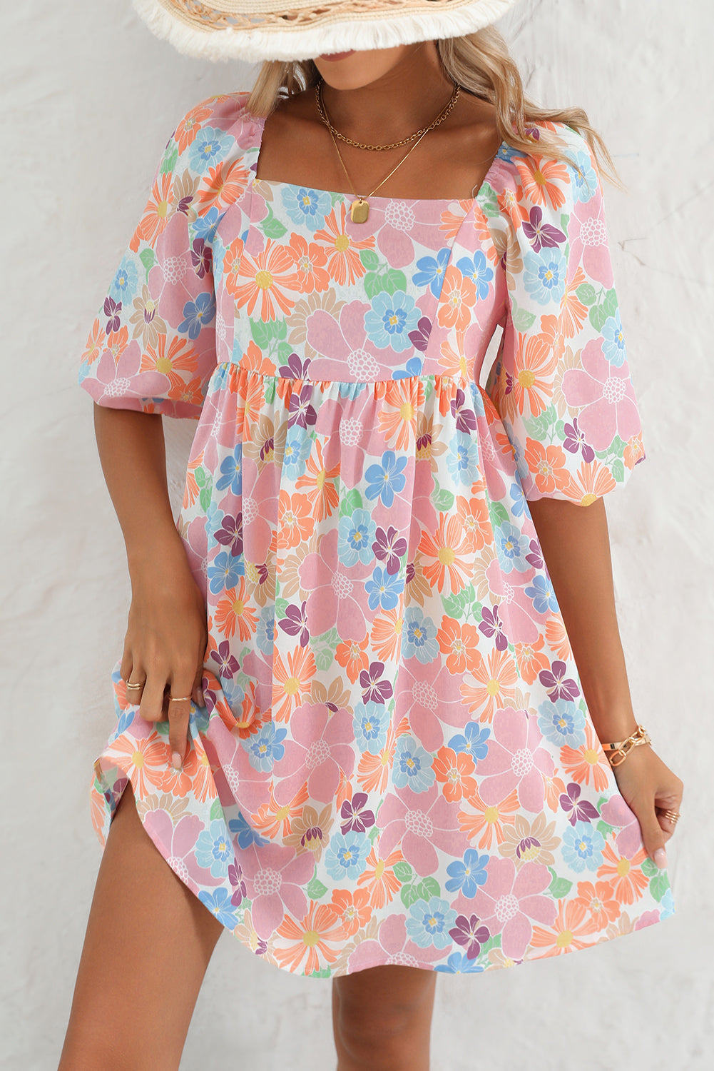 Pink Summer Floral Square Neck Puff Sleeve Babydoll Dress