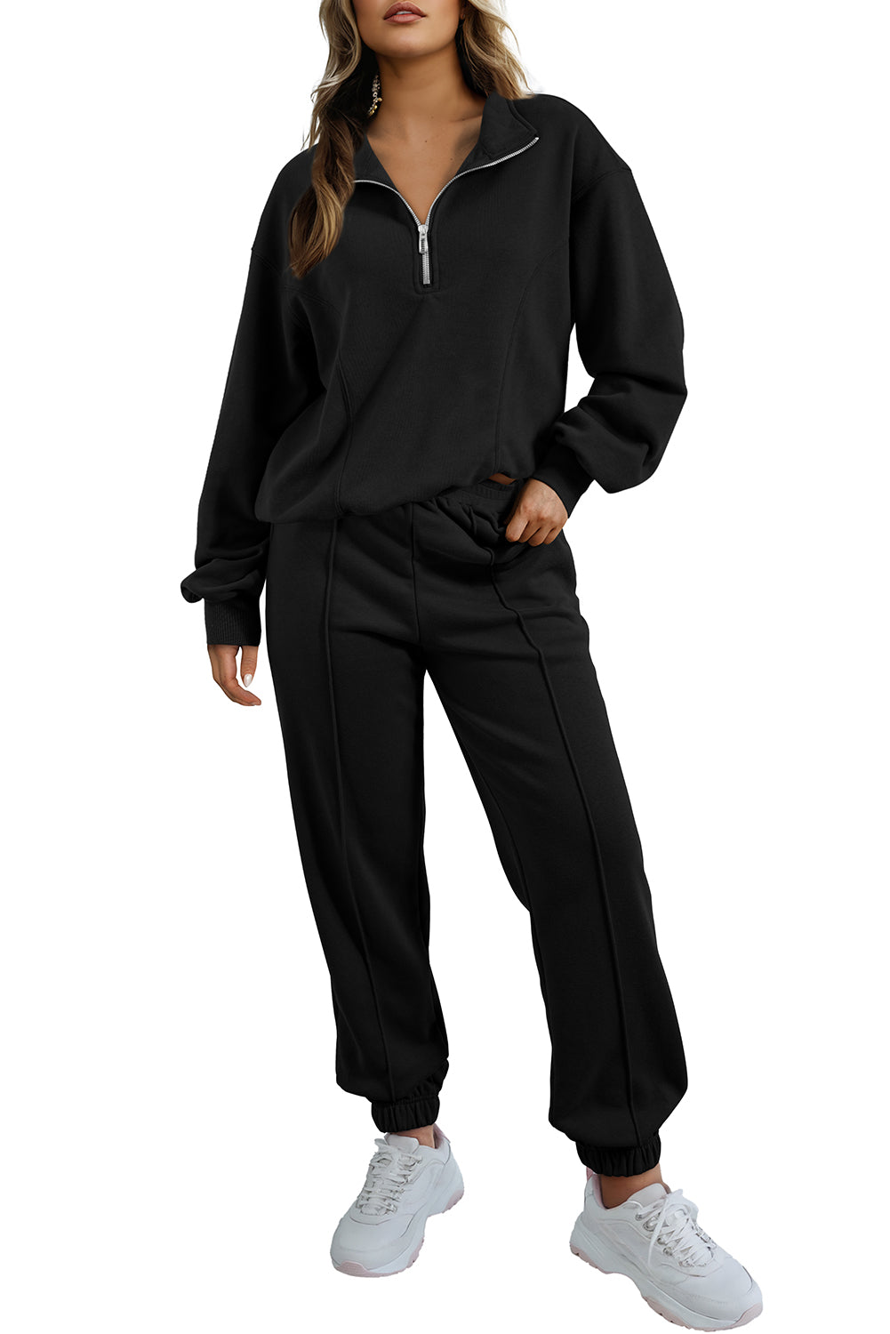 Black Solid Color Half Zip Up Pullover Top and Jogger Set