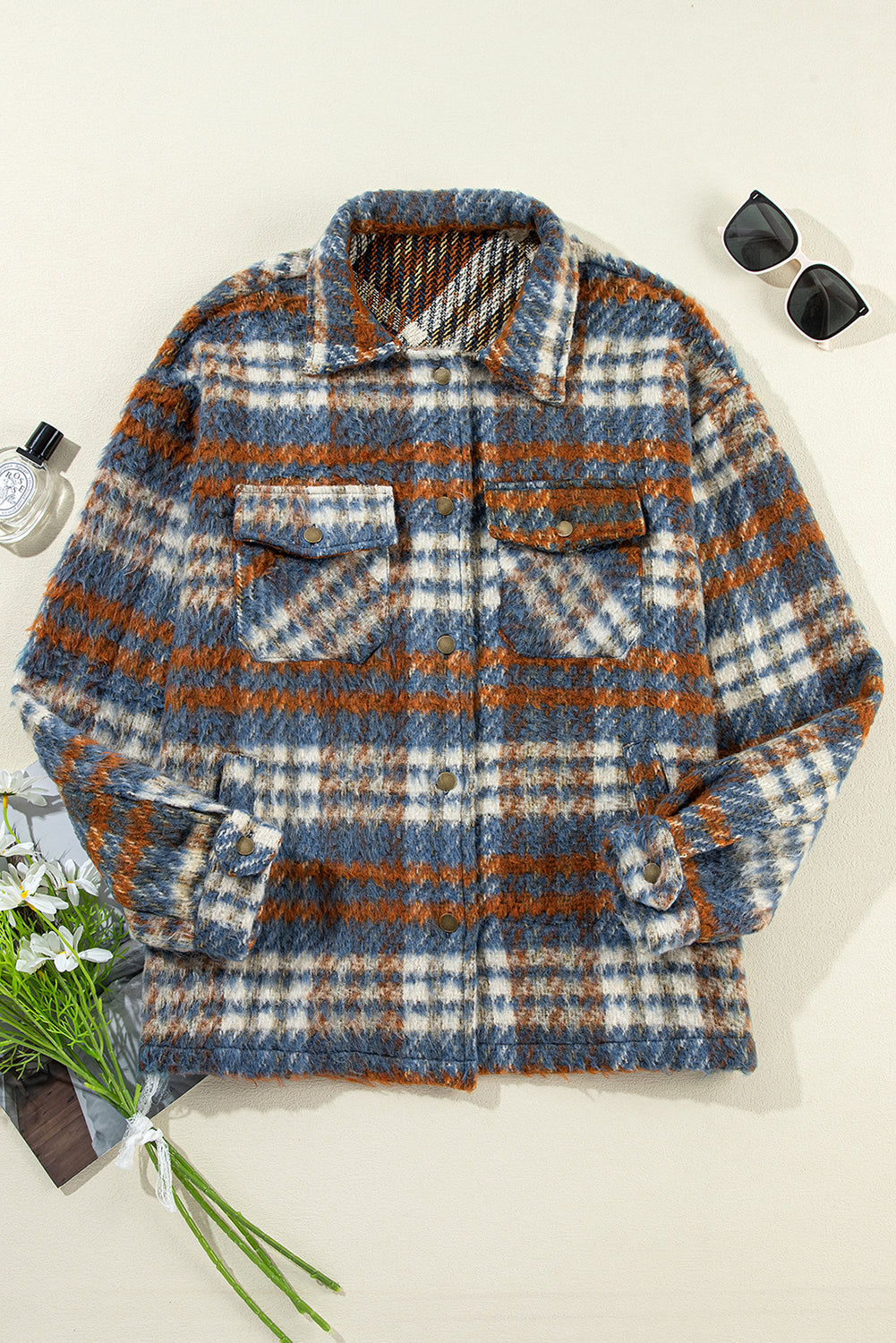 Mist Green Plaid Print Chest Pockets Turn Down Collar Shacket